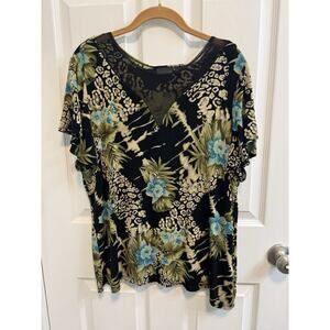 Citiknits XL Black Green Top Flutter Sleeves Mesh Inset At Neck Preowned